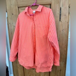 A New Day Orange & White Striped Oversized Button Down 100% Cotton Size Large